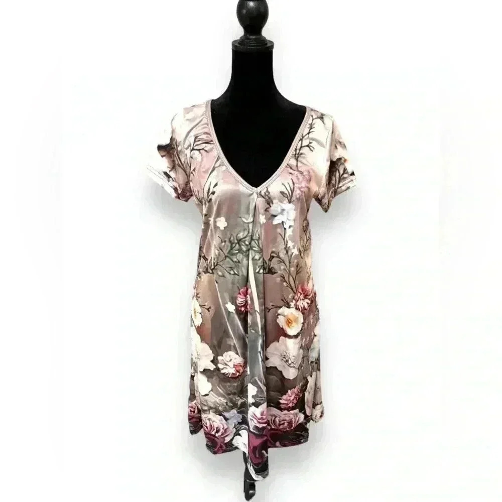 Women's V Neck Loose Dress Summer Khaki Floral Print Size Small T-shirt Dress - Picture 9 of 14